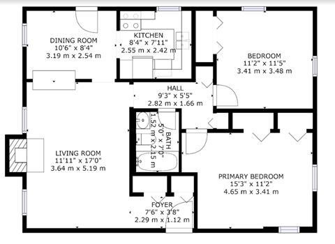 Floor plan for 2 beds, 1 bath, 890 sqft